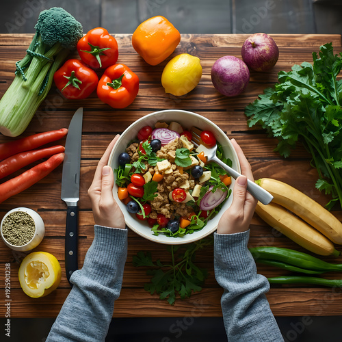 Top View of Hands Preparing Fresh Healthy Meal in Bright Kitchen with Organic Vegetables and Fruits on Wooden Table, Natural Daylight, Clean Commercial Food Photography