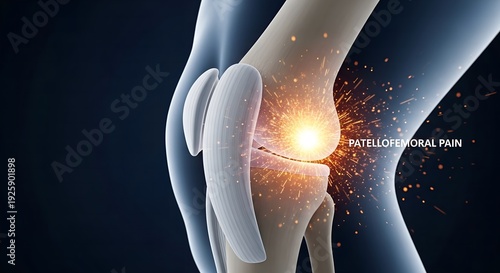 Detailed 3D medical illustration showing patellofemoral pain in a human knee joint with glowing pain area and sparks
