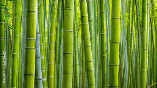 Lush Green Bamboo Forest with Tall Stalks Surrounded by Natural Light and Detailed Textures in a Vibrant Outdoor Setting