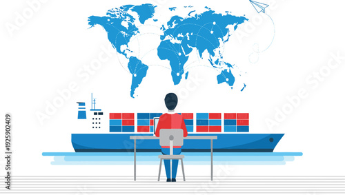 Global Shipping and Logistics Concept Vector Illustration with Cargo Ship, World Map Connections and Supply Chain Management