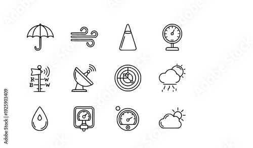 Meteorology Equipment Outline Icons Set of 9 Thin Line Weather Forecast Vector Symbols