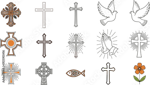 Christian Religious Symbols Set Vector Illustration with Cross Variations, Praying Hands, Doves, Ichthys Fish and Floral Faith Elements