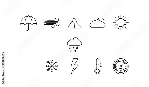 Meteorology Outline Icons Set of 9 Weather Stroke Vector Symbols for Web and App Design