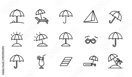 Beach Umbrella Outline Icons Set of 9 Editable Stroke Vector Symbols for Summer Design