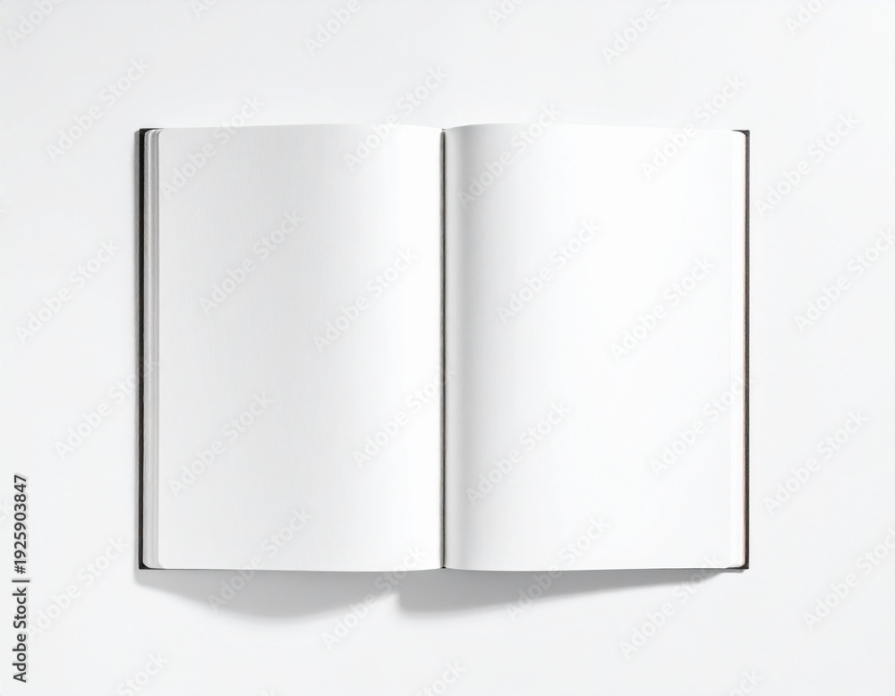 Fototapeta premium A vertically oriented, bound journal is perfectly centered and open on a pure white surface, creating a bright, minimalist composition.