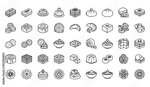 Oriental Confectionery Thin Line Vector Icons 30 Minimal Outline Pictogram Grid Collection