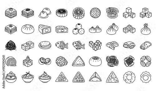 Oriental Sweets Thin Line Icon Set Pixel Perfect 30 Minimal Outline Pictograms for Web and App UI