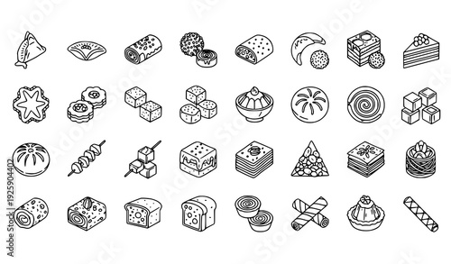 Traditional Oriental Dessert Thin Line Icons 30 Pixel Perfect Minimal Vector Grid for UI Design