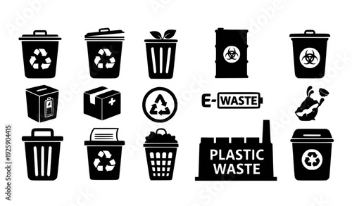A collection of black and white vector graphics depicting various waste management and recycling symbols