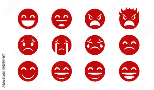 A set of red emoticon faces on a white background, expressing various emotions in a flat, minimalist design style.