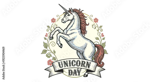 White Unicorn Illustration with Floral Elements.