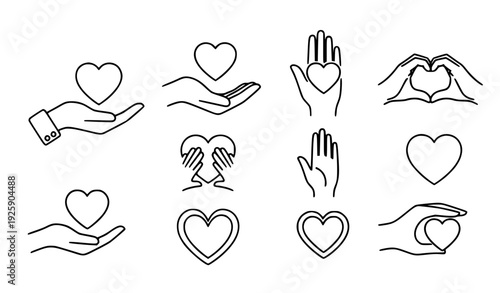 A set of minimalist line art illustrations depicting hands holding hearts in various poses and gestures.