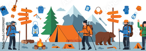 Flat Camping and Hiking Adventure Vector Illustration with Campers, Tent, Campfire, Forest, Mountains, Bear and Outdoor Equipment Elements