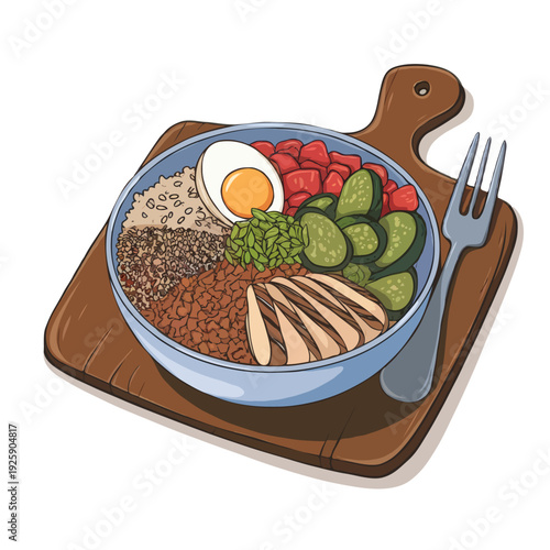A vibrant and appetizing meal served on a wooden platter with various fresh ingredients. isolated on white background, Vector, illustration