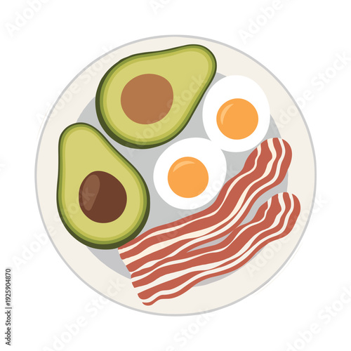 A plate of avocado halves, fried eggs, and bacon strips. isolated on white background, Vector, illustration