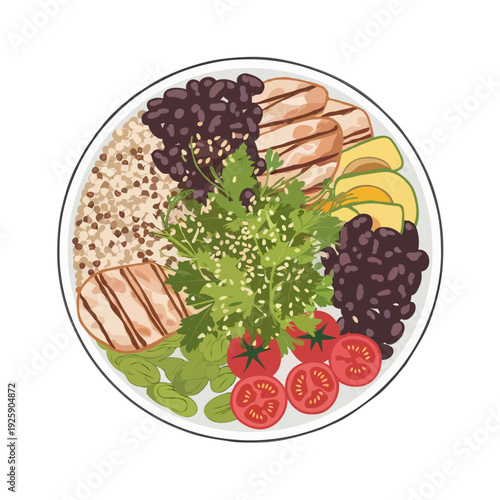 A vibrant and colorful plate of healthy food with vegetables and meat isolated on white background, Vector, illustration