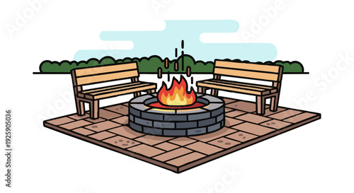 Backyard fire pit with wooden benches on a stone patio. Vector illustration of a cozy outdoor scene.
