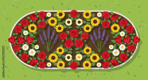 Top down vector illustration of a colorful flower bed with roses, sunflowers, daisies, and lavender on a green lawn.