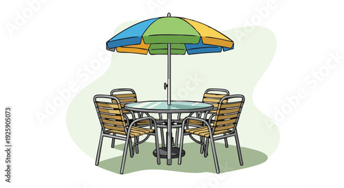 Outdoor patio furniture set with colorful umbrella, table, and chairs vector illustration.