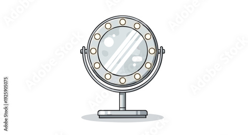 Round vanity makeup mirror with lightbulbs, vector illustration isolated on black.