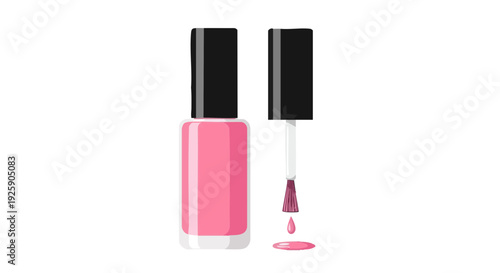 Vector illustration of a pink nail polish bottle with a dripping applicator brush on a black background.