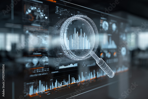 Digital Data Examination: A luminous magnifying glass hovers above a complex screen display of data analytics.