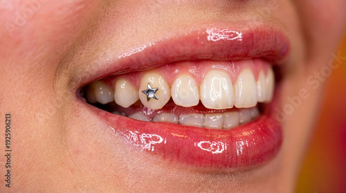 Close-up of Woman Smiling with Star Shaped Tooth Gem Jewelry