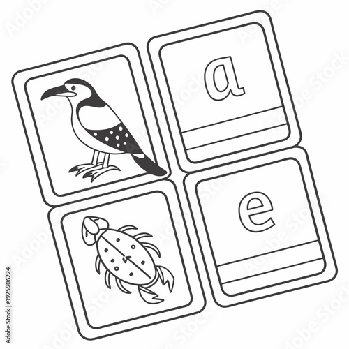 Educational alphabet flashcards featuring a bird and insect illustrations  
