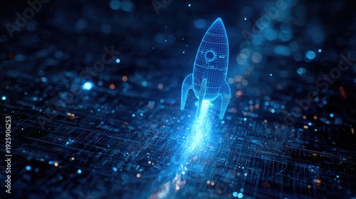 Futuristic Digital Rocket Launching in a Cosmic Environment with Bright Light Trails and Data Matrix Background