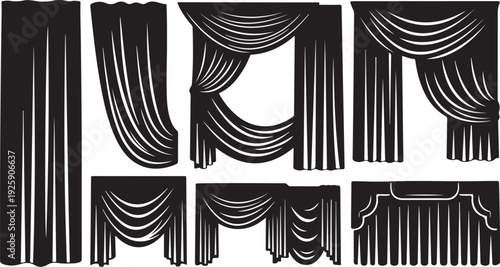 Various Black Curtain Styles and Designs on White Background