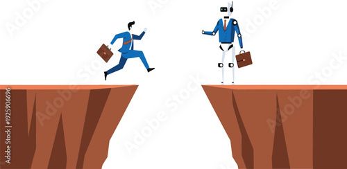 Businessman Jumping Across Gap Toward Robot Opponent, Artificial Intelligence Replacing Human Jobs and Future Workplace Competition Concept Vector Illustration
