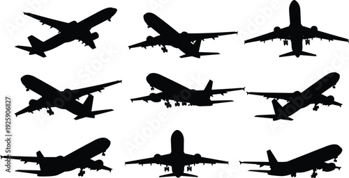 Airplane silhouette collection vector set, commercial passenger aircraft front side top views, aviation transport landing takeoff black illustration