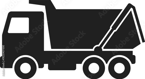 Black silhouette dump truck with raised bed, heavy construction transport vehicle vector illustration isolated for hauling sand gravel materials