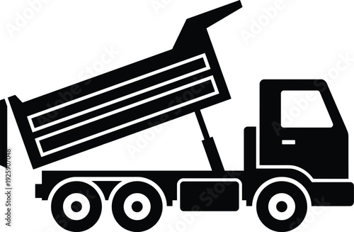 Black silhouette dump truck with tilted bed, construction transport vehicle vector icon isolated, heavy duty tipper for material hauling