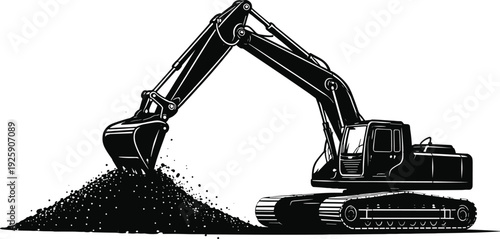 Black silhouette excavator loading soil pile with bucket, heavy construction machinery vector illustration isolated, earthmoving equipment for excavation operations