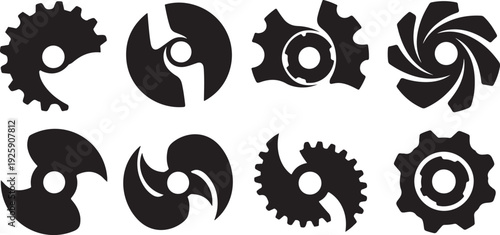 Black and white gear icons on clean background