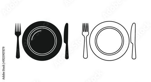 Black and white illustration of plates forks and knives