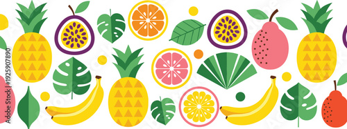 Colorful tropical fruit pattern illustration with pineapple banana citrus papaya passion fruit and green leaves arranged in seamless decorative composition
