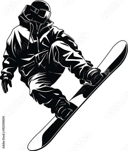 Monochrome vector illustration of a snowboarder in mid-air, wearing a hooded jacket, goggles, and winter gear, performing a jump or trick.