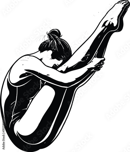 Black and white vector illustration of a female diver in a tuck position, mid-air, with a clean, graphic style.
