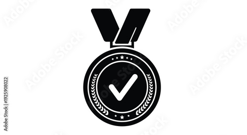 A black and white icon depicting a medal with a central checkmark