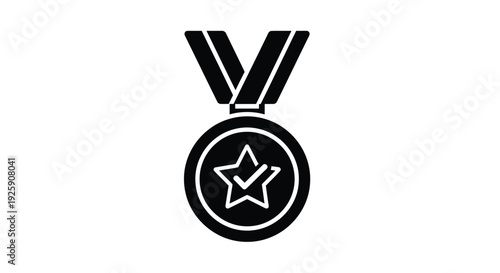 Black and white illustration of a medal with a star inside