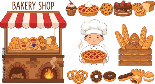 Bakery Shop Illustration with Cute Baker Character Bread Pastries Cakes Donuts and Oven Storefront Cartoon Vector Set