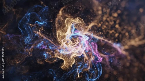 Vibrant, swirling patterns of blue, gold, and purple lights on a dark background with a mix of warm and cool tones, creating a dynamic visual effect.