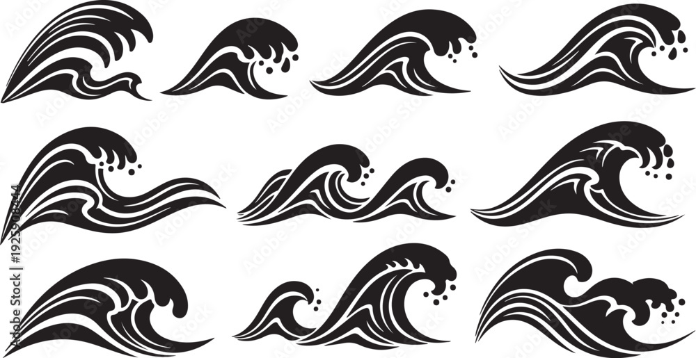 Fototapeta premium Black and white wave illustrations on clean background