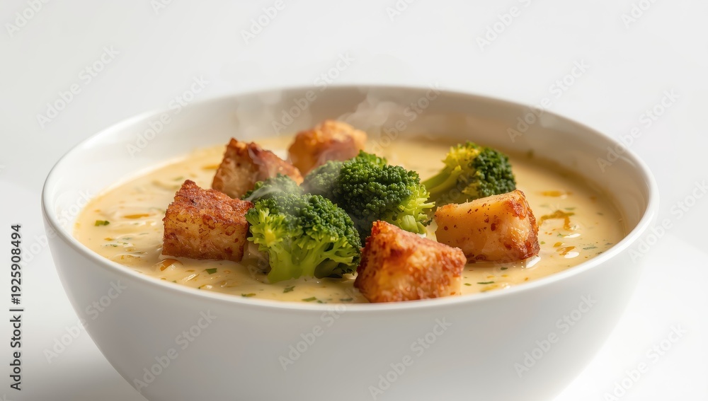 Fototapeta premium Rich broccoli cheese soup with crispy ham cubes in a white bowl. Keto-friendly low-carb dish