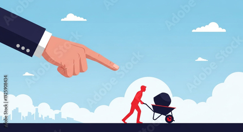 Overbearing authority points the way as a determined worker labors under a heavy load, symbolizing the relentless demands and struggle of workforce challenges and management pressure