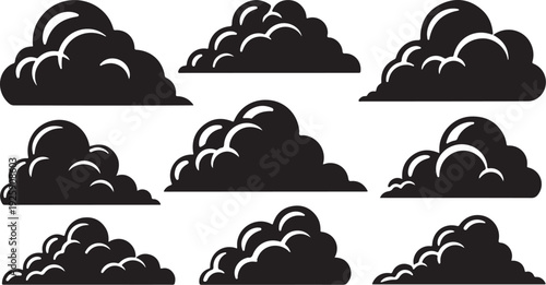 Collection of black cloud silhouettes on white background illustration