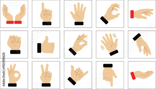 Hand Gesture Icon Collection with Different Finger Signs Thumbs Up OK Peace Pointing and Clapping Vector Illustration Set