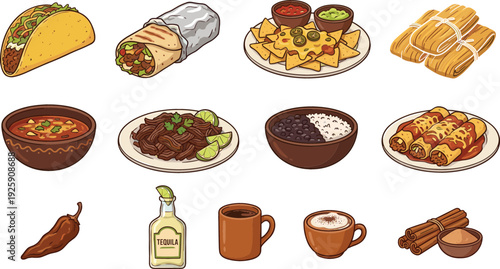 Mexican Food Collection with Tacos Burritos Nachos Enchiladas Beans Chili and Tequila Traditional Cuisine Vector Illustration Set
